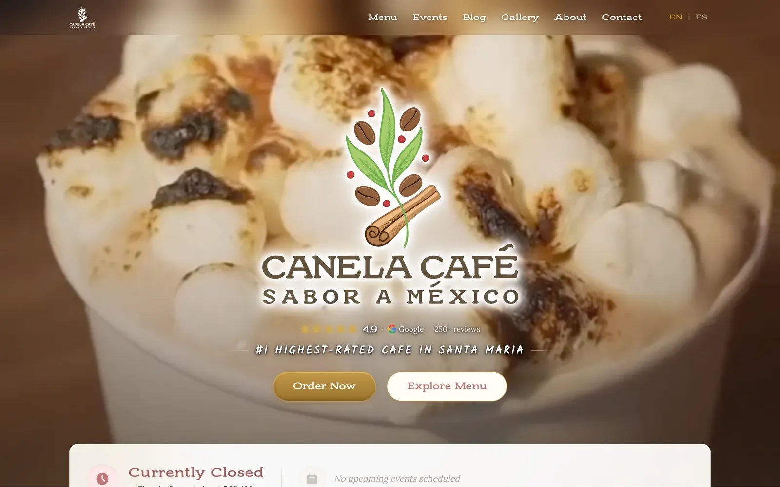 Canela Café's home page in English