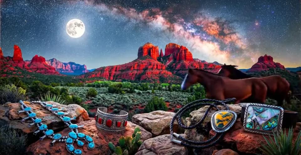 Turquoise jewelry on red rock under a night sky, from The Humiovi