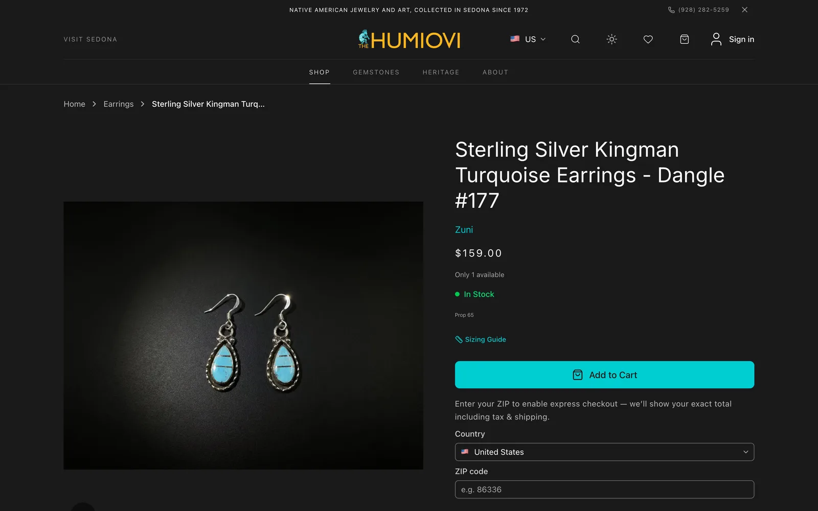 A product page for a pair of Kingman turquoise earrings